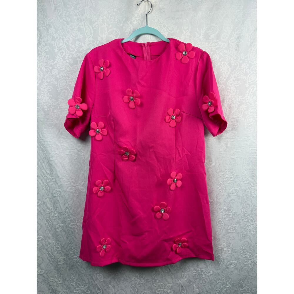 Aveloria XL Hot Pink Floral Applique Shift Dress Jeweled Flowers - Picture 2 of 6